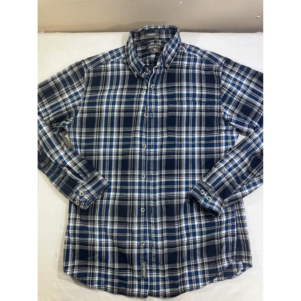 Eddie Bauer‎ Mens Relaxed Fit Flannel Shirt Navy Blue Plaid Long Sleeve Small